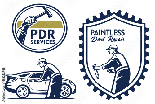 Car Paintless Dent Repair Service Logos, Auto Body Work, Automobile Detailing, Vehicle Restoration and Body Shop Vector Graphics.