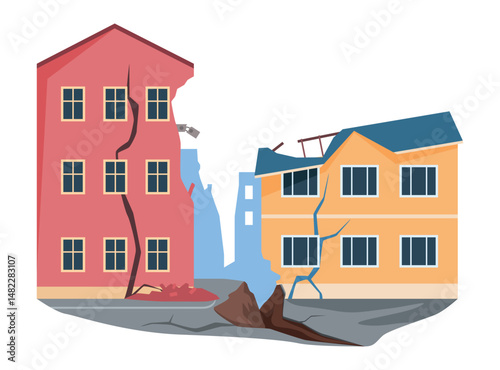 Illustration of an earthquake showing damage to buildings with visible cracks and destruction in an urban area.