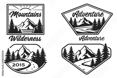Collection of Black and White Adventure Logos Featuring Mountains, Wilderness, and Forest Landscapes.