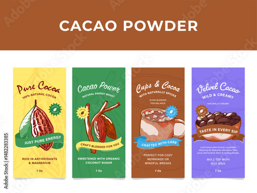 Cocoa powder packaging design template featuring rich flavor and healthy ingredients for an energetic lifestyle