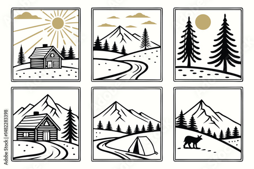 Set of Vector Mountain and Cabin Landscapes with Nature Elements in Retro Style for Logo Design.