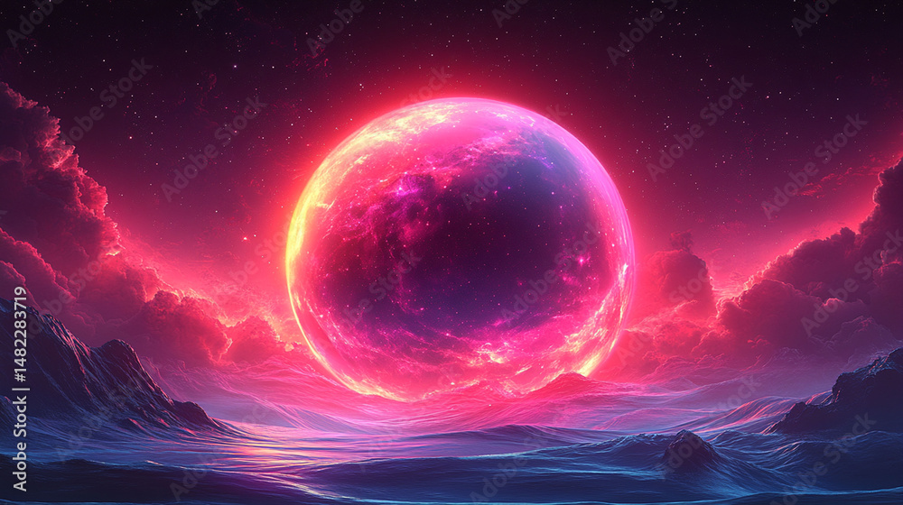 Obraz premium Neon pink glowing sphere planet landscape in the sky with clouds and mountains.