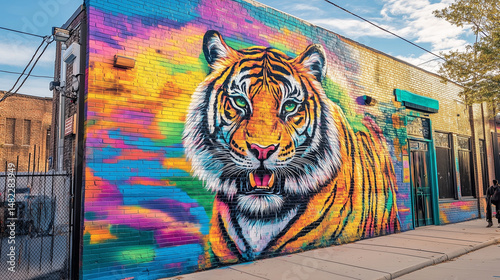 Vibrant street art mural featuring a giant tiger against a colorful background in an urban setting during daylight hours