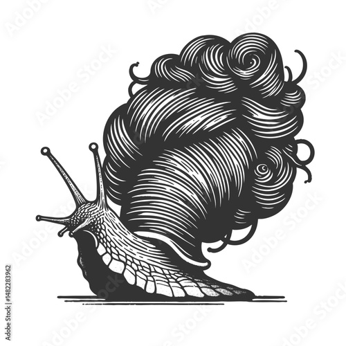 snail featuring a whimsical, curly hairstyle instead of a traditional shell, blending fantasy and humor sketch engraving generative ai vector illustration. Scratch board. Black and white image.