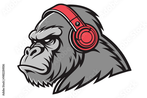 Cool Gorilla Head Mascot with Headphones, Vector Illustration for Esports Logo, Gaming or Music Design Projects. photo
