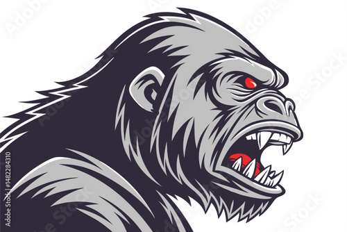 Ferocious Gorilla Head Vector Illustration with Red Eyes and Bared Fangs, Perfect for Mascot Logos or Sports Team Designs.