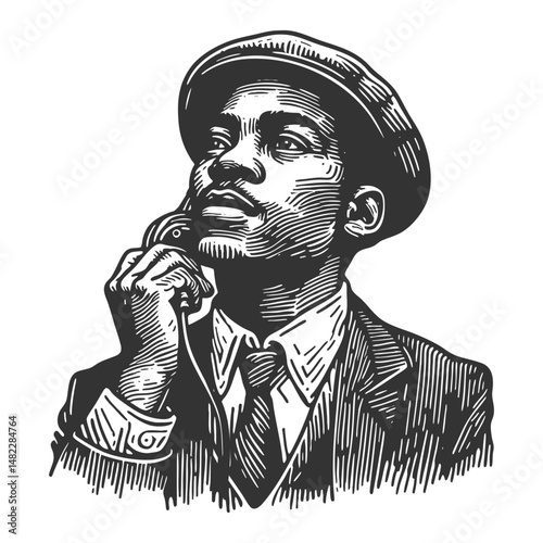 thoughtful man in classic attire, wearing a cap and speaking on an old-fashioned telephone sketch engraving generative ai fictional character vector illustration. Scratch board. Black and white image.