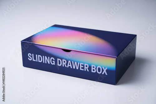A 3D mockup of a sliding drawer box, featuring a vibrant holographic ombre design.
