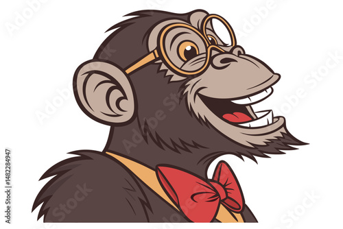 Cartoon Monkey with Glasses and Bowtie Smiling, Isolated on White Background, Vector Illustration, Cute Character.
