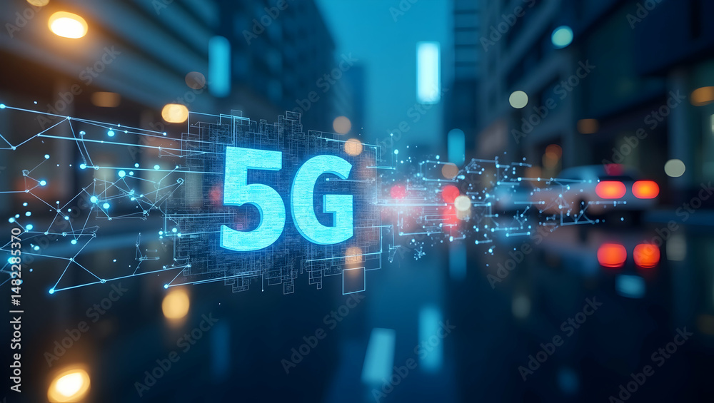 Fototapeta premium Elegant Modern Photo of Dynamic 5G Data Transfer in High-Speed Wireless Networks: Futuristic Urban Design with Advanced Technology Integration and Space for Text