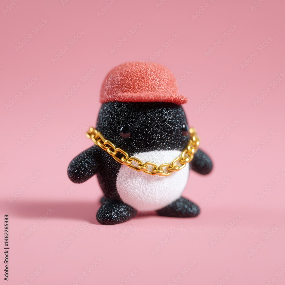 Fototapeta premium 3D whale character wearing cap and chain, soft shine and rubbery finish