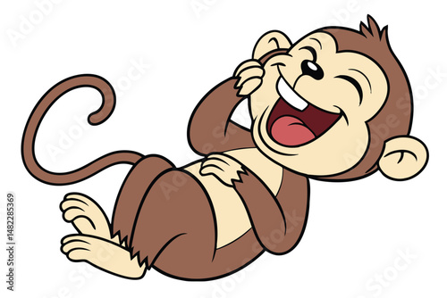Cartoon Monkey Lying Down Laughing, Isolated on White, Funny Expression, Comic Style Animal Vector Illustration.