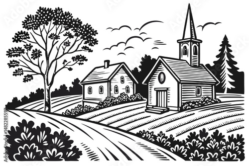 Black and White Countryside Illustration with Church, Farmhouse, Fields, and Tree Vector Graphic.