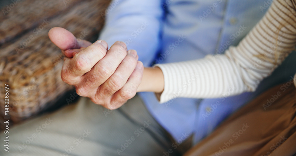 Obraz premium Holding hands, grandparent and bonding with grandchild, closeup and affection for kid in living room. Empathy, support and family with love in lounge, compassion and care elderly person in house