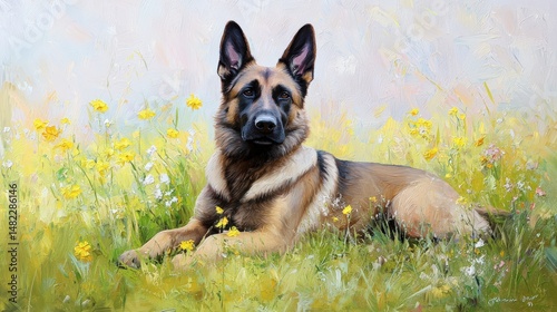 A vigilant watchdog relaxing momentarily with ears still alert, loyalty depicted sincerely