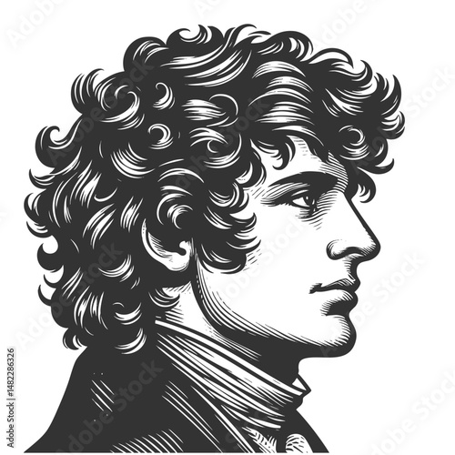 young man with curly hair, looking thoughtfully into the distance sketch engraving generative ai fictional character vector illustration. Scratch board imitation. Black and white image.