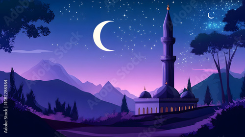 Night Mosque, Crescent Moon, Starry Sky
