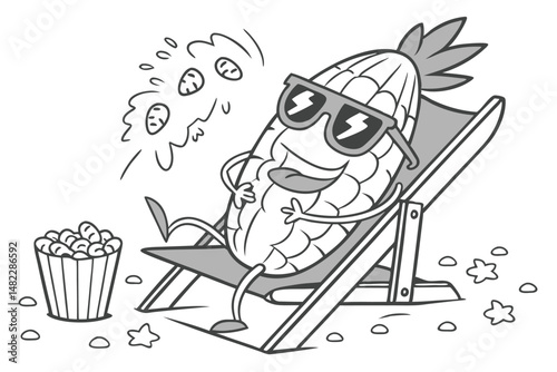 Vector Illustration of a Cartoon Corn Character Relaxing on the Beach with Popcorn and Sunglasses in Black and White