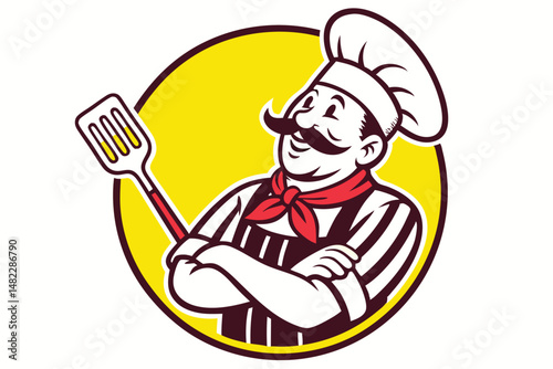 Cheerful chef with spatula logo design on yellow background, perfect for culinary business and food-related projects.