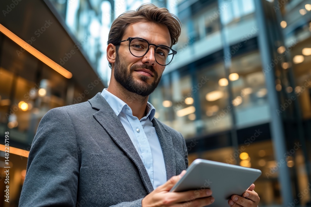 Fototapeta premium A man in a suit and glasses using a tablet computer