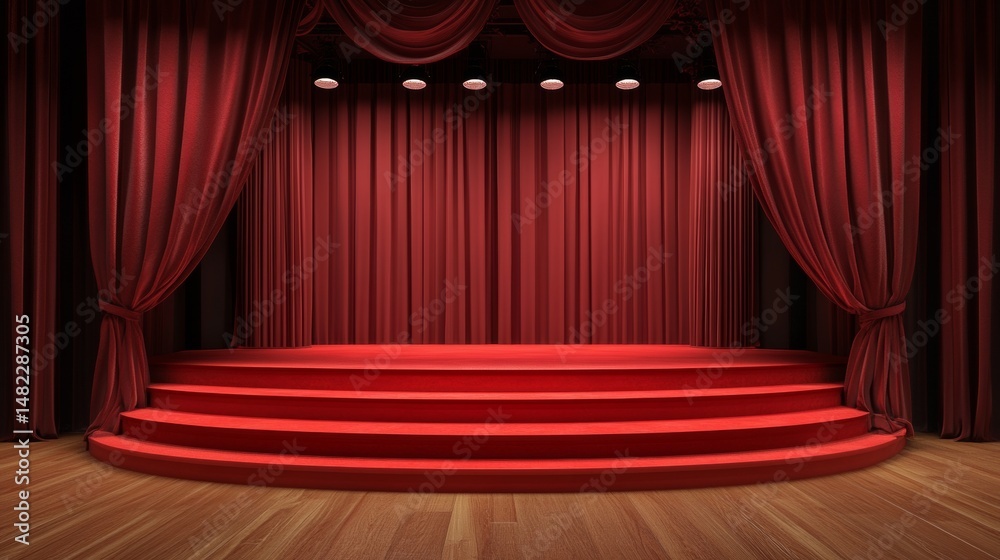 Fototapeta premium Red theater stage with spotlight for entertainment event classical performance opera drama musical venue scene