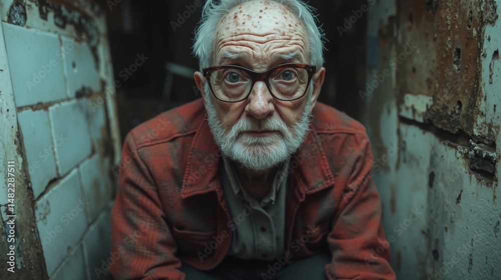 Fototapeta premium An old man with glasses and a beard sitting in a doorway