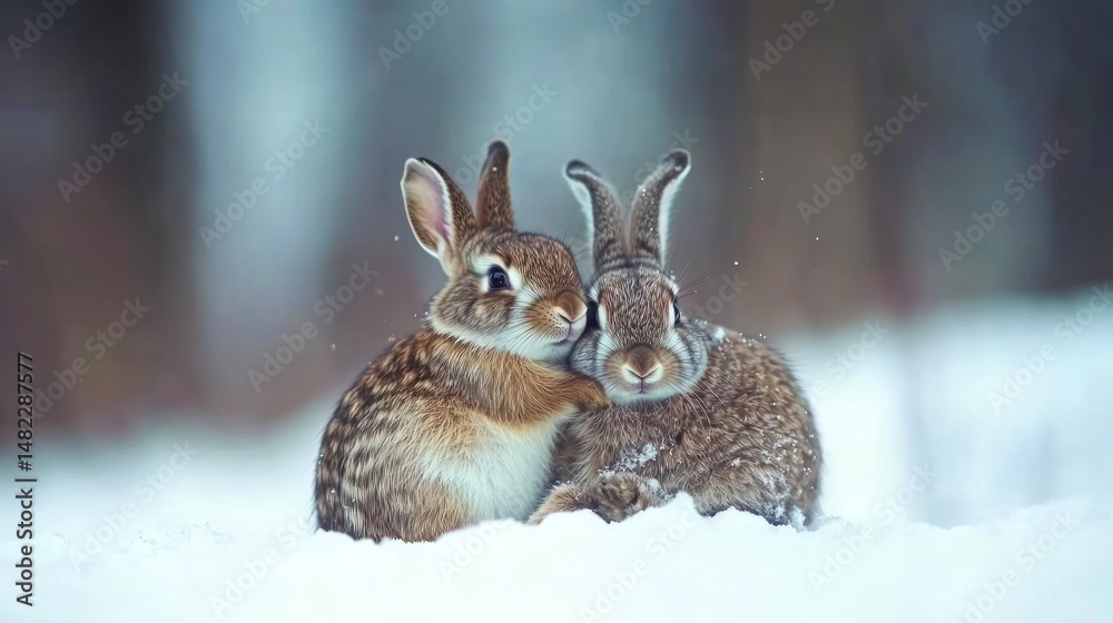Obraz premium Two rabbits cuddling in snowy forest