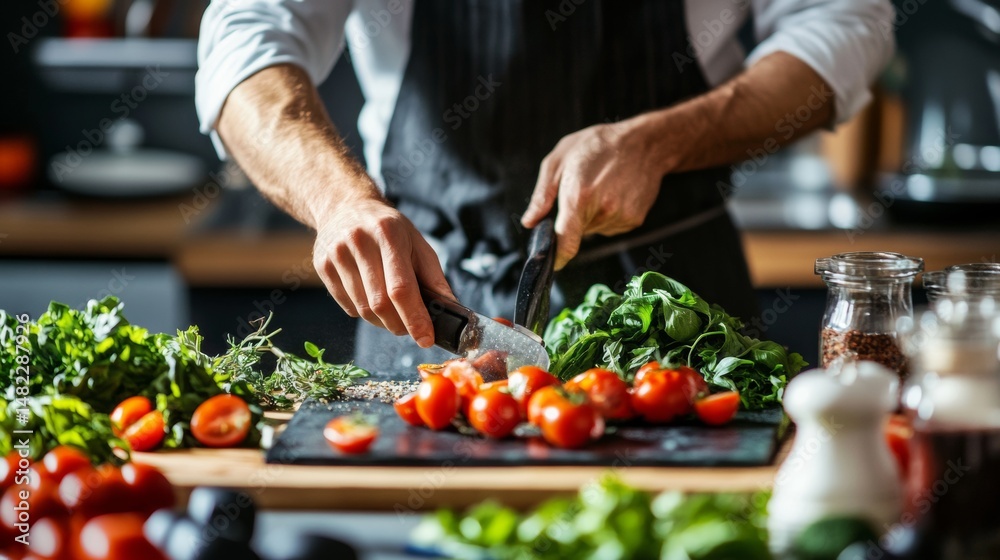 Chef preparing vegetables in modern kitchen with hands and fresh ingredients for cooking food nutrition scene Chef preparing vegetables in modern kitchen with hands and fresh ingredients for cooking food nutrition scene