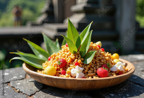 Vibrant Canang Sari offering on stone surface, showcasing intricate arrangement of flowers and leaves in handmade bamboo container, representing Bali’s spiritual identity
 photo