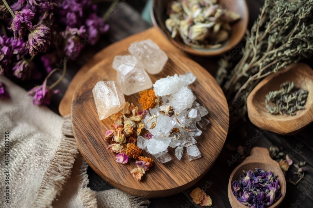 Aromatic Crystals and Dried Flowers on Wood Plate for Healing and Relaxation. Aromatic Crystals and Dried Flowers on Wood Plate for Healing and Relaxation.