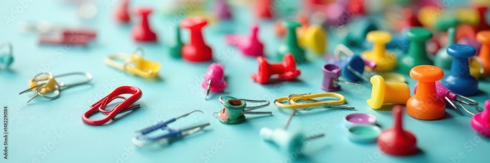 Fototapeta premium Colorful office supplies collection Thumbtacks, push pins, paperclips , tools, isolated