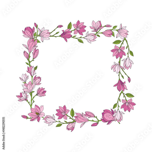 Magnolia floral frame. Pink beautiful floral circle. Design. Vector illustration