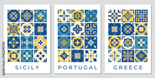 Mediterranean geometric tiles posters. Mediterranean pattern, background, cover, flyer. Italian, Portuguese, Greek traditional style. Blue and yellow abstract mosaic. Damask. Interior design. Vector.