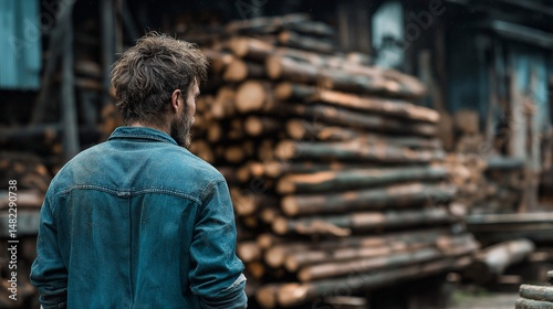 A man at a sawmill. Carpenter. Hard worker, craft	 photo