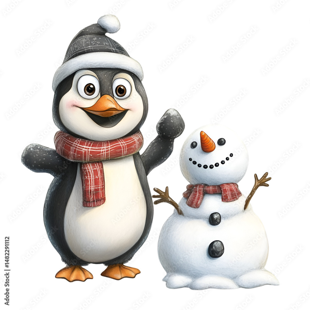 Fototapeta premium Cheerful penguin and snowman duo winter wonderland digital art bright colors playful concept