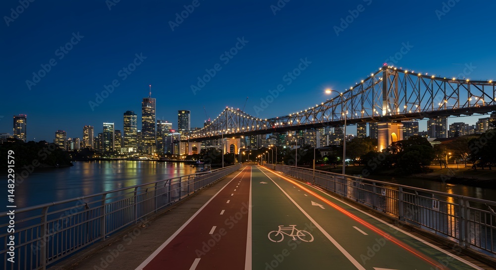 Fototapeta premium City Skyline at Dusk Over River and Bridge with Cycling Path