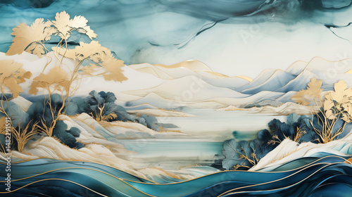 magnificent landscape with copyspace in the motifs of Asian engravings in beige, gold, dark blue and gray shades. semi-realistic painting with the effect of spreading mountains, trees, sky, river