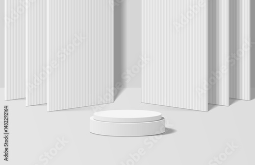 Modern realistic white 3d cylinder podium with layers italic rectangle background. Minimal scene for product display presentation. Vector geometric platform. 3d stage for showcase. Vector rendering.
