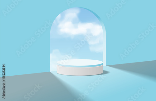 Abstract realistic white blue 3d cylinder podium with sky clouds and arch door background. Minimal scene for product mockup. Pedestal for product display presentation. Vector geometric platform.