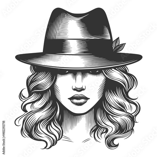 mysterious woman with wavy hair, wearing a wide-brimmed fedora hat, evoking noir elegance sketch engraving generative ai fictional character vector illustration. Scratch board. Black and white image.
