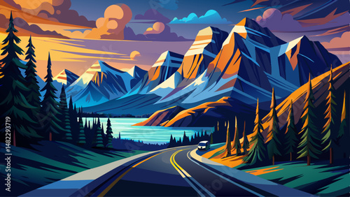 Scenic Icefields parkway in twilight at Jasper national park Canada
