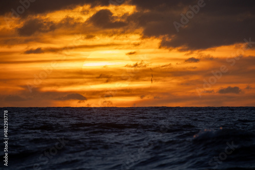 A breathtaking sunset gracefully paints the evening sky with warm, vibrant hues over the tranquil ocean waters