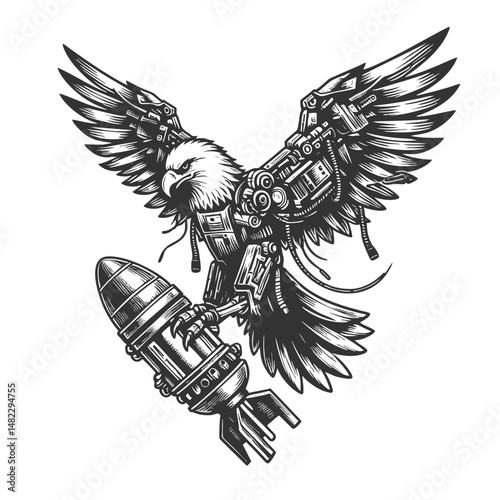 cybernetic eagle with mechanical enhancements, carrying a bomb or missile in its talons sketch engraving generative ai fictional character vector illustration. Scratch board. Black and white image.