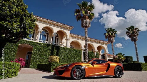 Luxury orange sports car parked in front of elegant mansion with palm trees and blue sky, symbolizing wealth, lifestyle and exclusive property in tropical setting