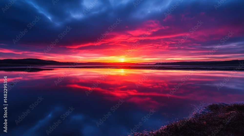 Naklejka premium Vivid sunset reflection on a tranquil lake.