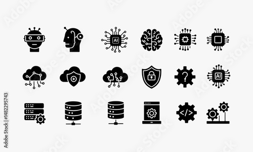 Artificial Intelligence and Machine Learning Icons Set : robots, brains, chips, cloud, security, servers, coding