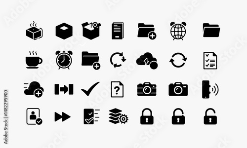 Miscellaneous Black Glyph Icons Set :boxes, files, folders, time, cloud, refresh, checkmark, question mark, camera, signal, user, forward, document, database, and security.