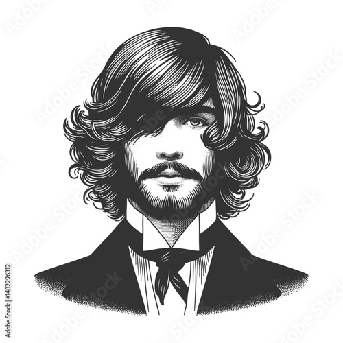 young man with long wavy hair, beard, and classic suit, evoking vintage elegance sketch engraving generative ai fictional character vector illustration. Scratch board imitation. Black and white image.