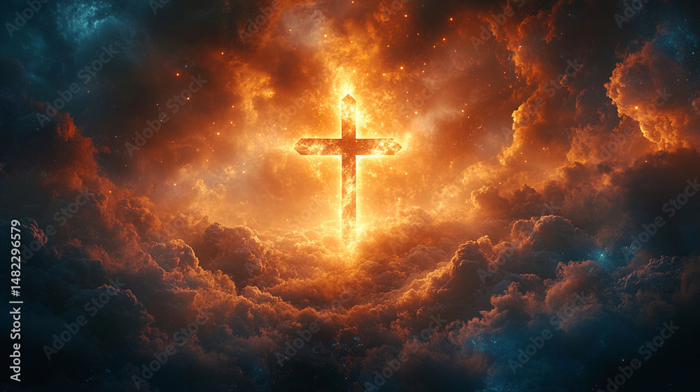Fototapeta premium Fiery cross in a stormy sky, glowing amidst clouds.