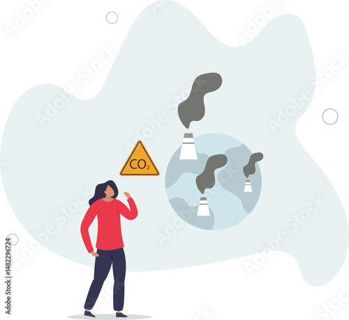 Planet Earth with Smoking Power Plant Pipes. Environment Polluted by CO2 Emission. Climate Change Problem Concept. character life .